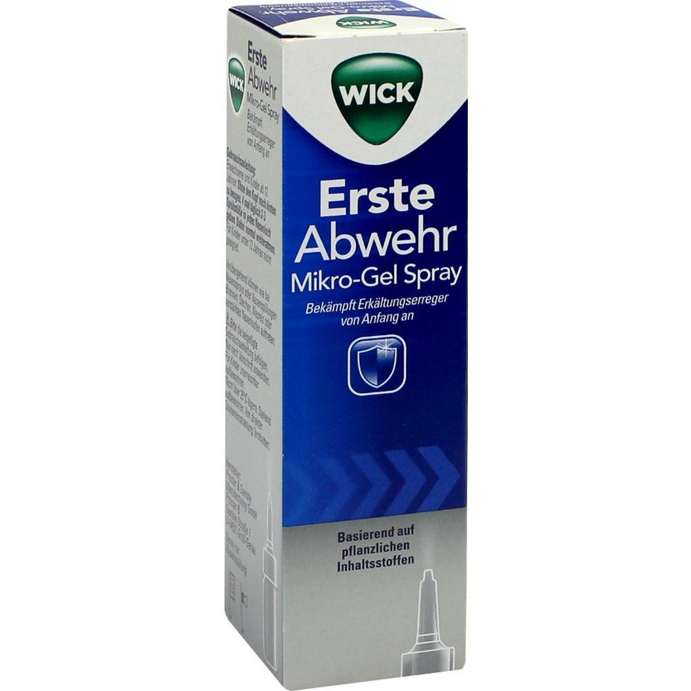 Eine Verpackung von Wick Erste Abwehr Mikro-Gel Spray gegen Erk&auml;ltungserreger.