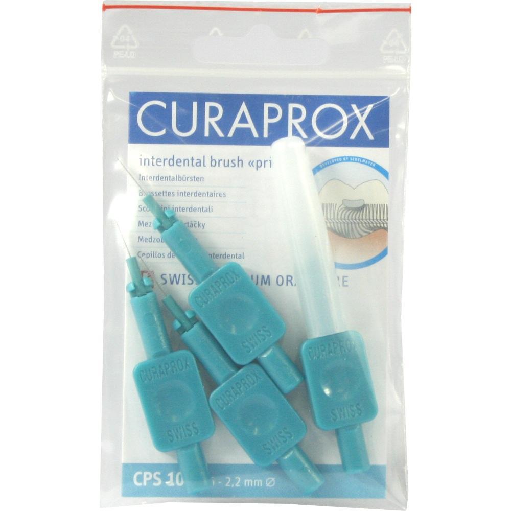 Eine Packung mit blauen Interdentalbürsten von Curaprox.