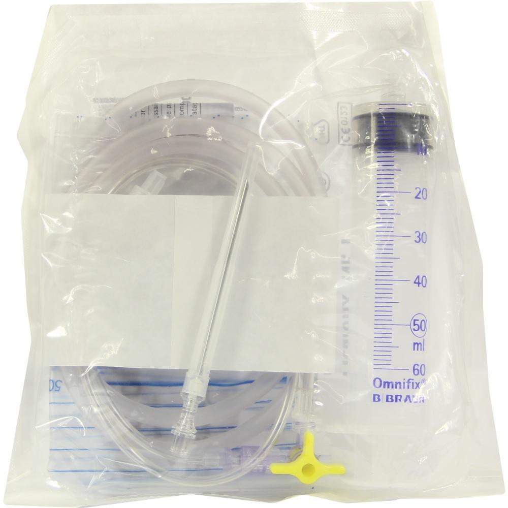 Transparente Verpackung mit einer 60 ml Spritze und einem Schlauchset.