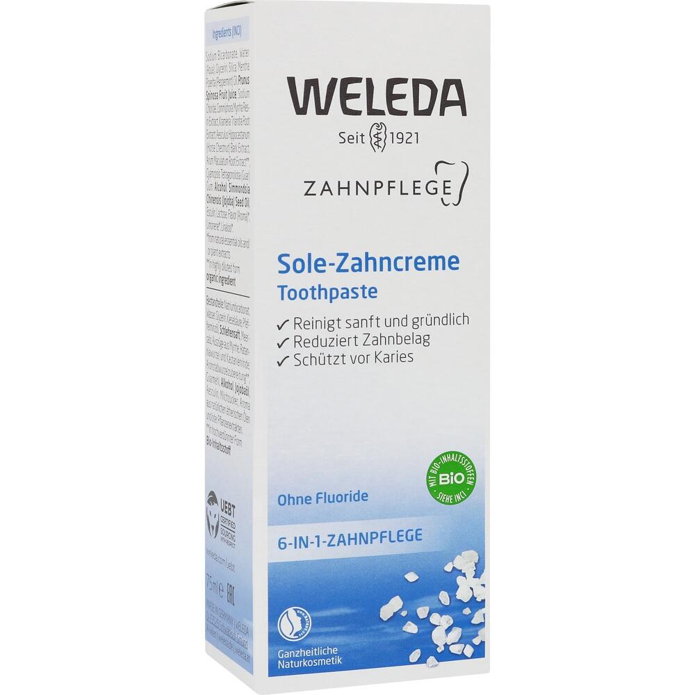 Eine Zahnpasta-Packung von Weleda mit der Aufschrift "Sole-Zahncreme".