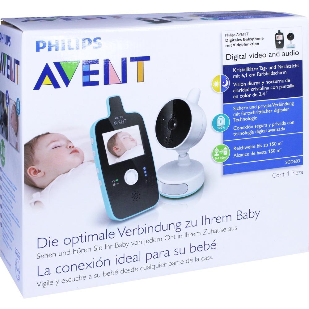 Verpackung eines Philips AVENT Babyphones mit Kamera und Monitor.