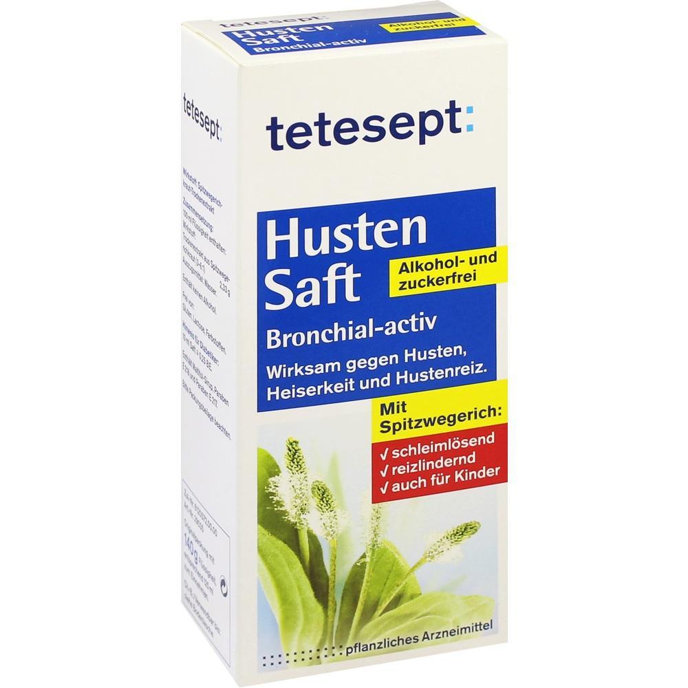Verpackung von Tetesept Hustensaft, wirkt gegen Husten und ist alkoholfrei.