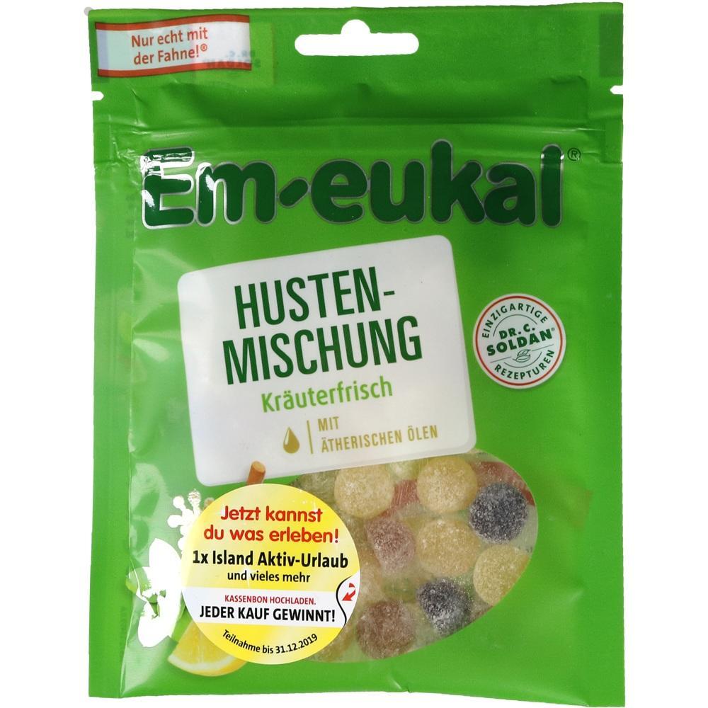 Eine gr&uuml;ne Packung Hustenbonbons von Em-eukal ist abgebildet.