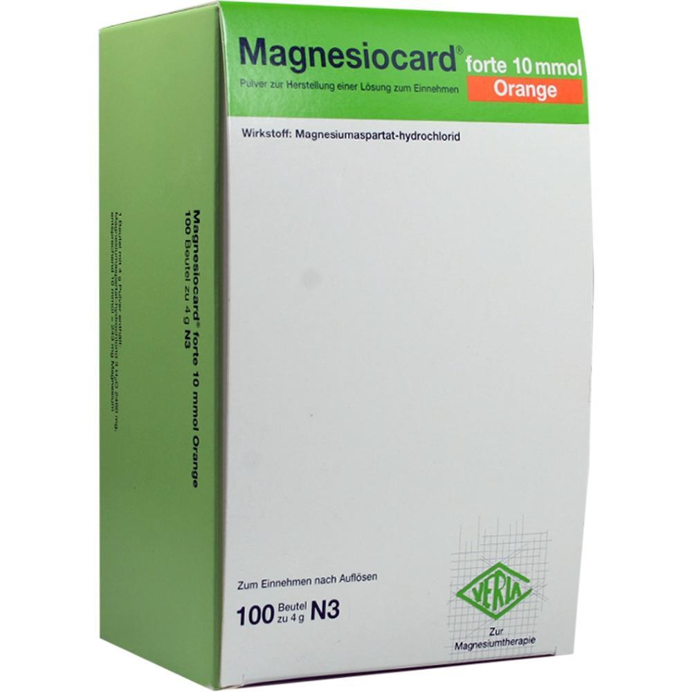 Gr&uuml;ne und wei&szlig;e Verpackung von Magnesiocard-Pulver zur Einnahme.