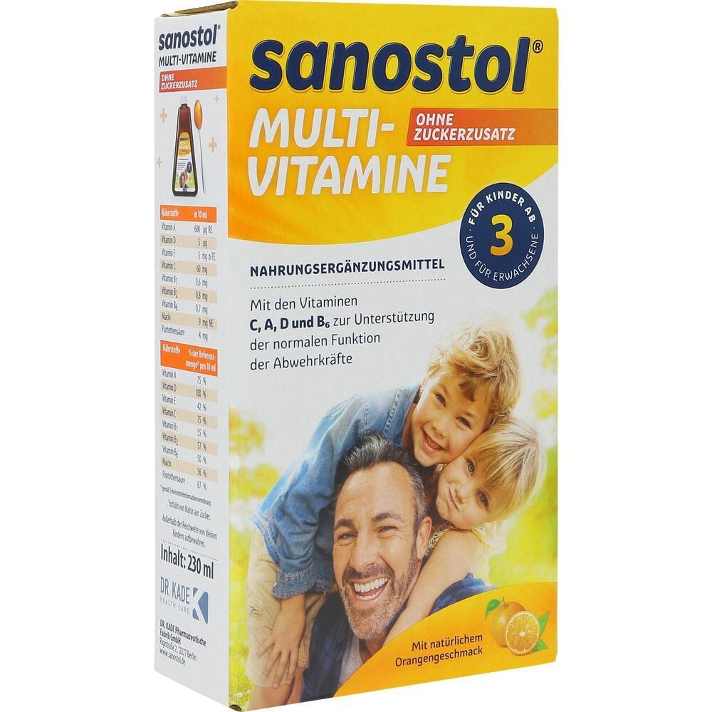 Verpackung von Sanostol Multivitamine mit Bild von lachender Familie.