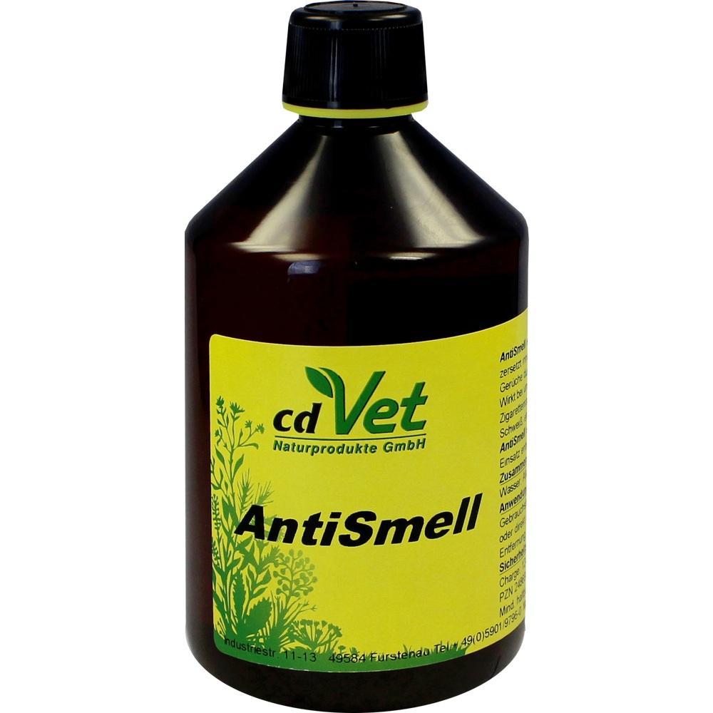 Braune Flasche mit gelbem Etikett, darauf steht "AntiSmell" von cdVet.