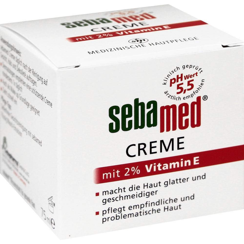 Wei&szlig;e Schachtel einer Sebamed-Creme mit Vitamin E f&uuml;r empfindliche Haut.
