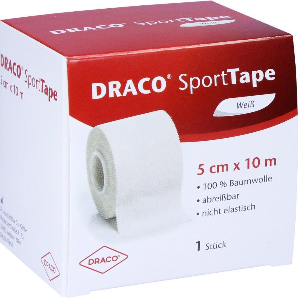 Die Verpackung zeigt wei&szlig;es Sporttape aus Baumwolle, 5 cm breit und 10 m lang.
