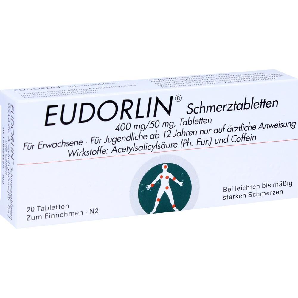 Eine Packung Eudorlin Schmerztabletten mit 20 Tabletten gegen leichte bis m&auml;&szlig;ige Schmerzen.