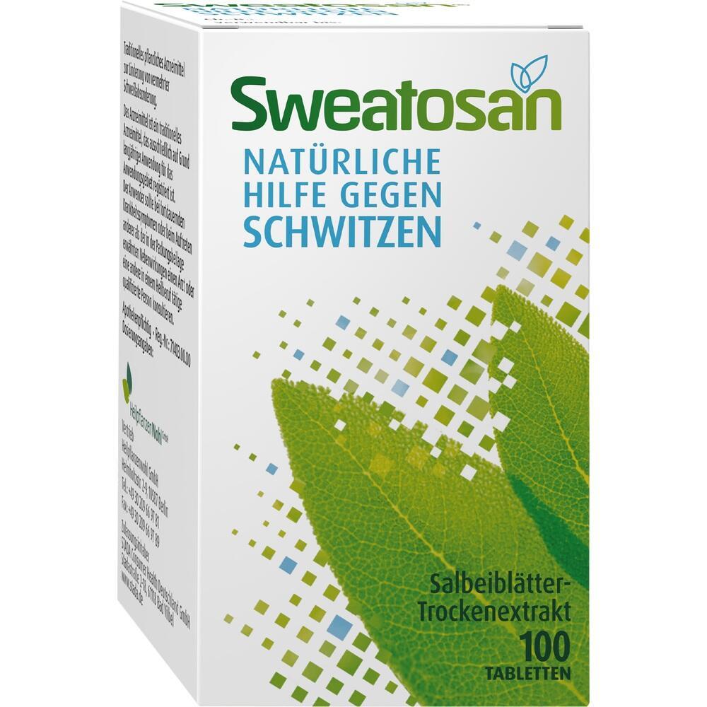 Eine Packung mit Tabletten gegen Schwitzen, aus Salbeibl&auml;tter-Extrakt.