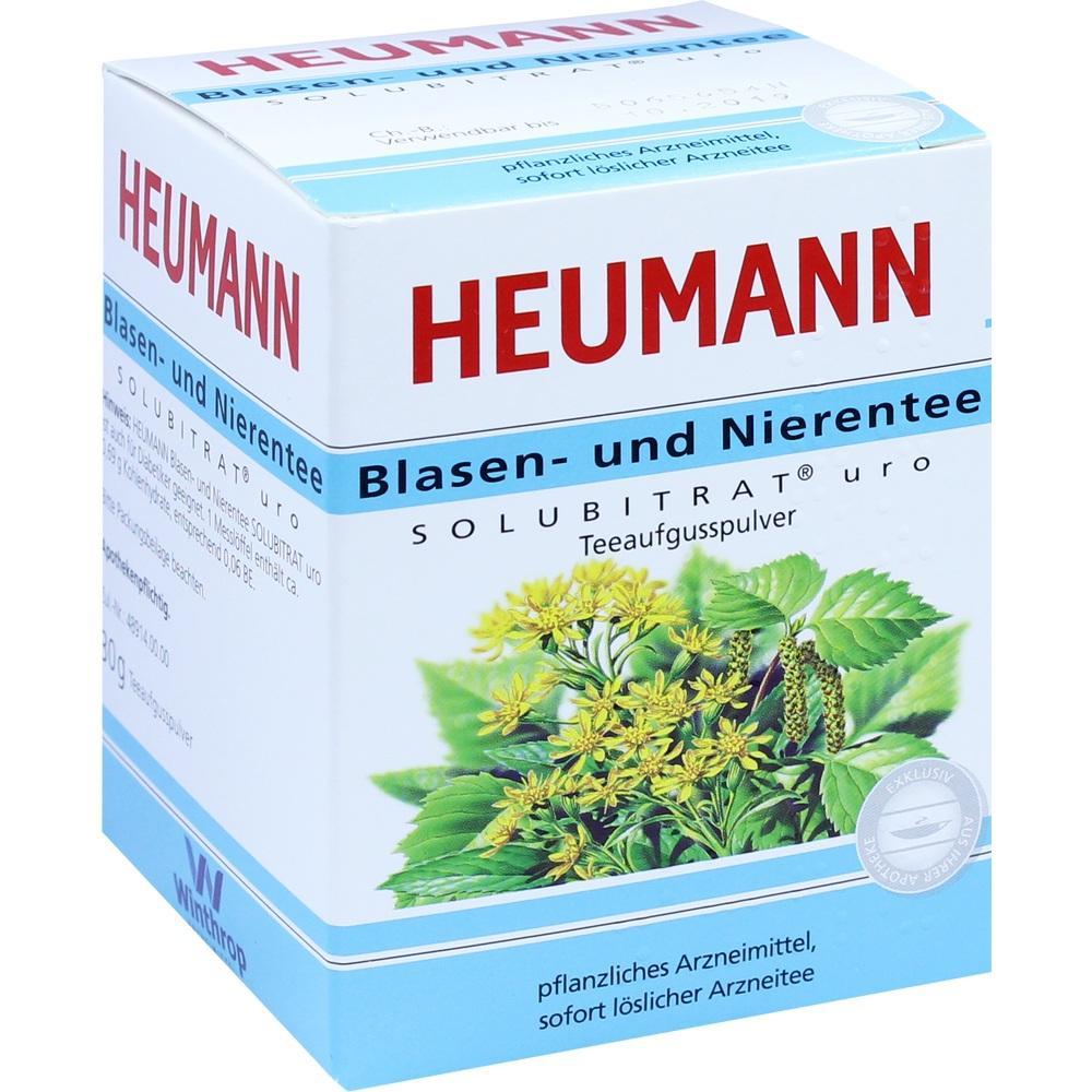 Packung mit Heumann Blasen- und Nierentee, Pflanze abgebildet.