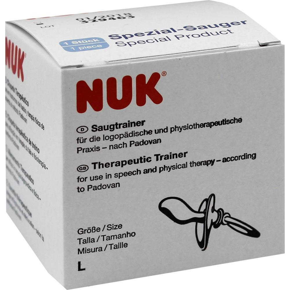 Wei&szlig;e NUK-Verpackung f&uuml;r einen Saugtrainer zur logop&auml;dischen und physiotherapeutischen Anwendung.