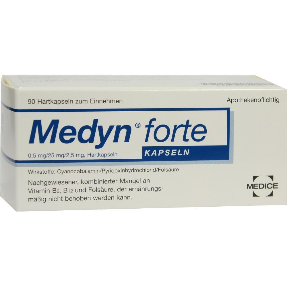 Wei&szlig;e Medikamentenverpackung mit der Aufschrift "Medyn forte Kapseln".