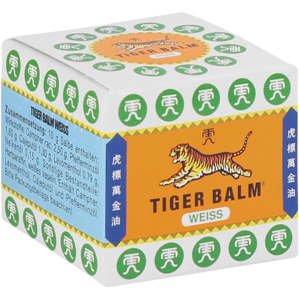Eine wei&szlig;e Box mit einem orangefarbenen Tiger-Logo und der Aufschrift "Tiger Balm Wei&szlig;".