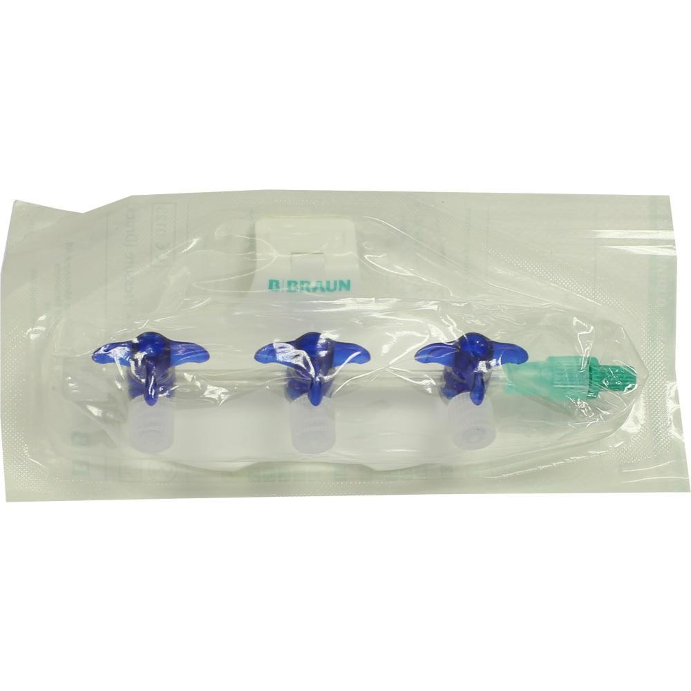 Eine sterile Verpackung mit drei blauen Ventilen und einem grünen Adapter.