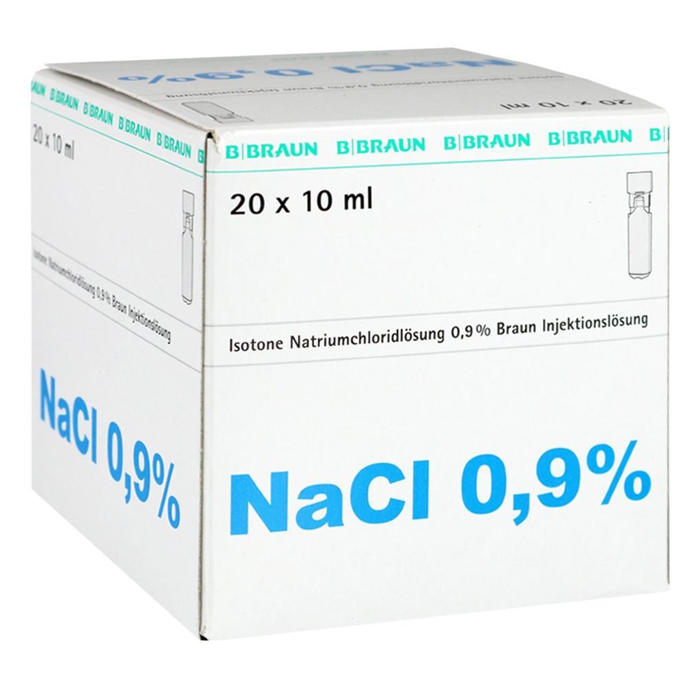 Weiße Box mit der Aufschrift "NaCl 0,9%" für Injektionslösung.