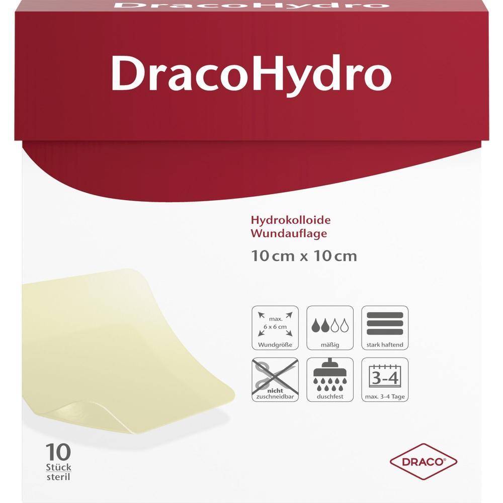 Die Verpackung zeigt 10 x 10 cm gro&szlig;e, sterile Wundauflagen von DracoHydro.