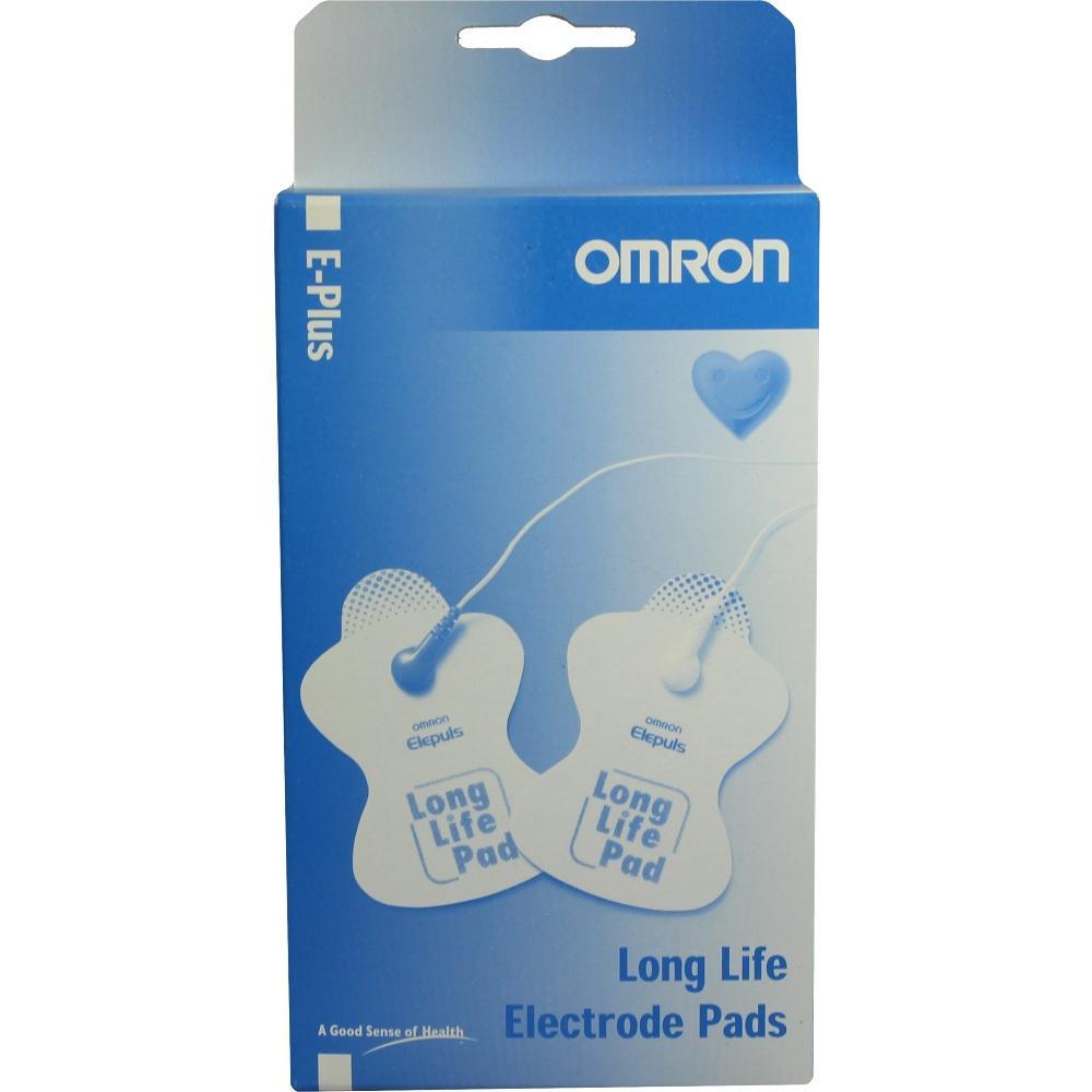 Eine blaue Packung mit zwei wei&szlig;en Elektrodenpads der Marke Omron.