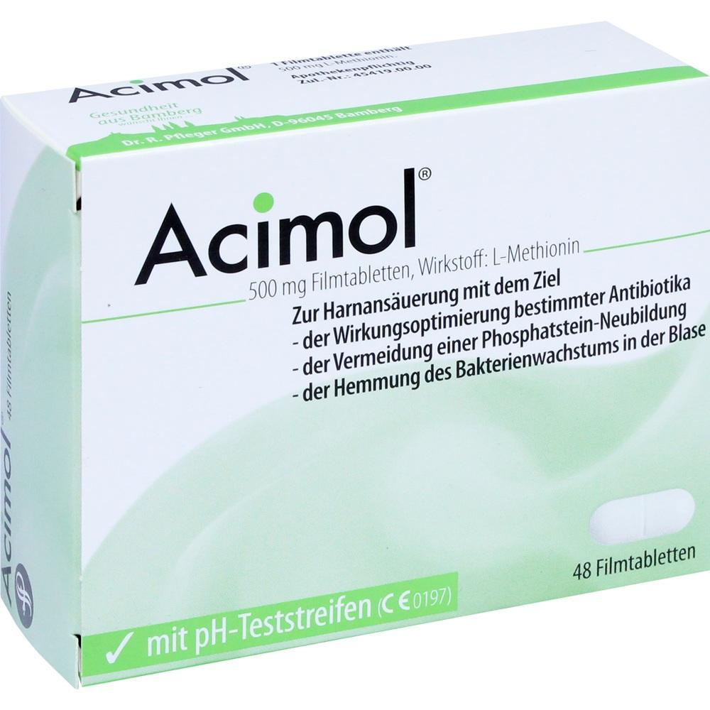 Packung von Acimol, einem Medikament zur Harnansäuerung mit Teststreifen.