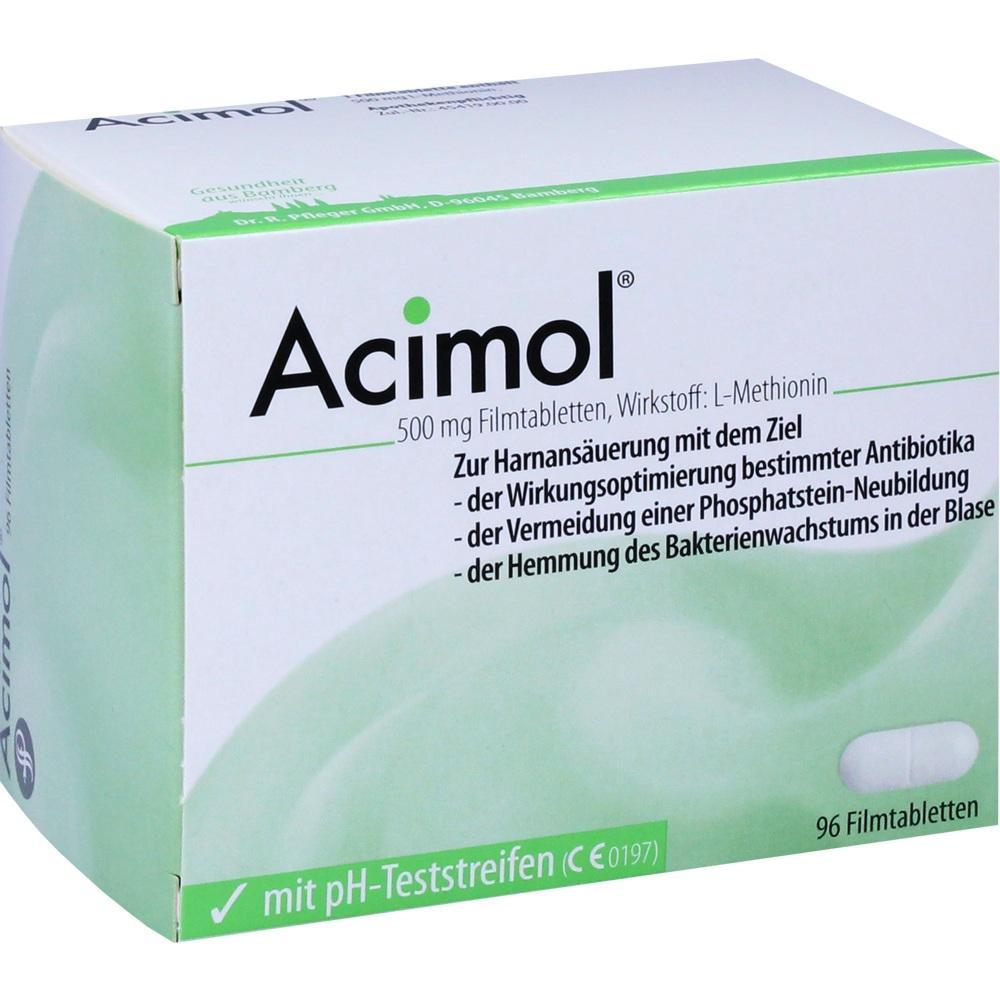 Packung einer Tablette namens Acimol zur Unterstützung der Harnsäuerung und Antibiotikawirkung.