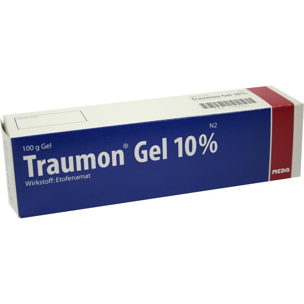 Blau-wei&szlig;e Verpackung von Traumon Gel 10% mit Wirkstoff Etofenamat.