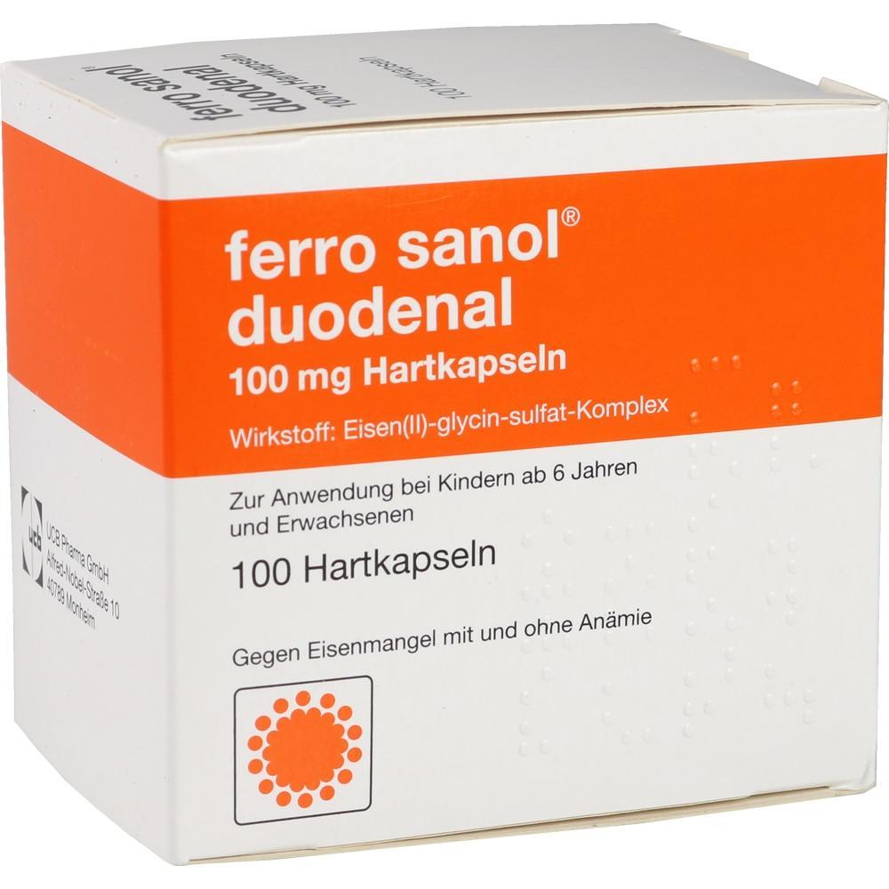 Wei&szlig;e Packung mit orangen Details und der Aufschrift "ferro sanol duodenal".