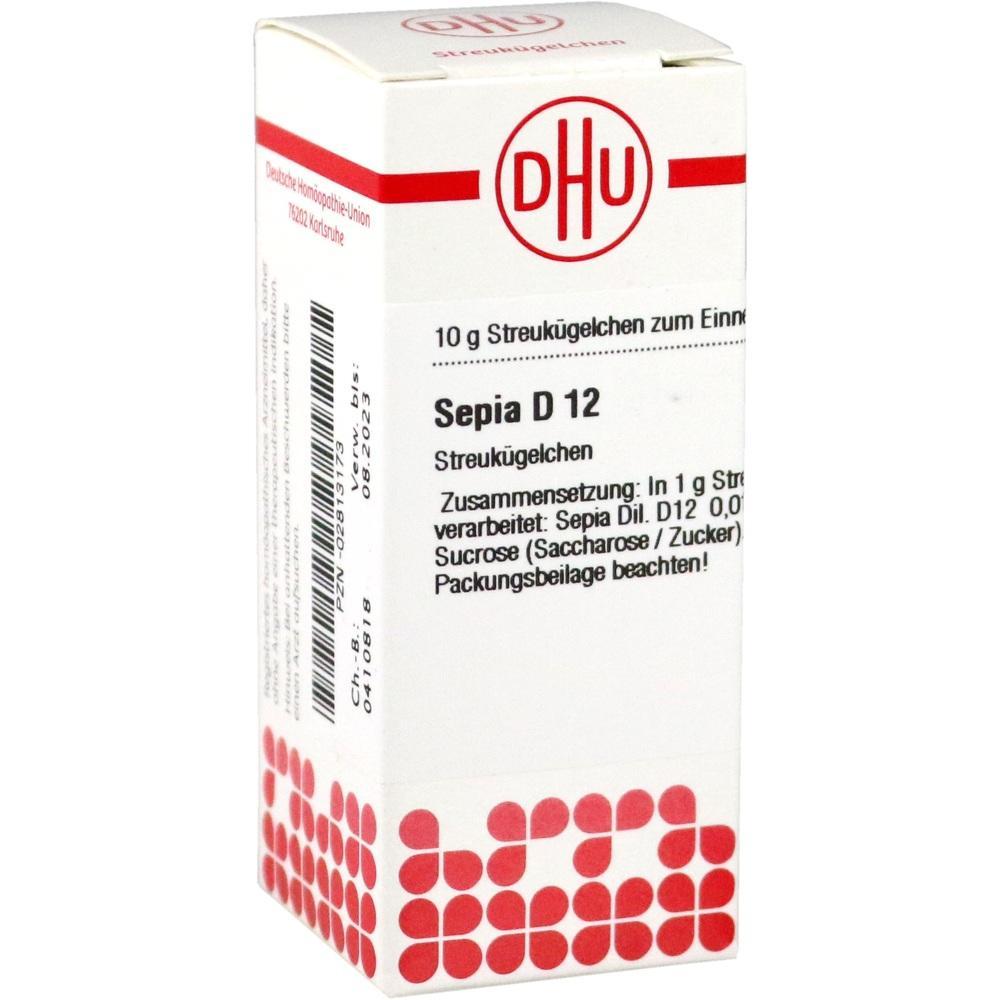 Wei&szlig;e Verpackung von hom&ouml;opathischen Streuk&uuml;gelchen mit der Aufschrift "Sepia D12".