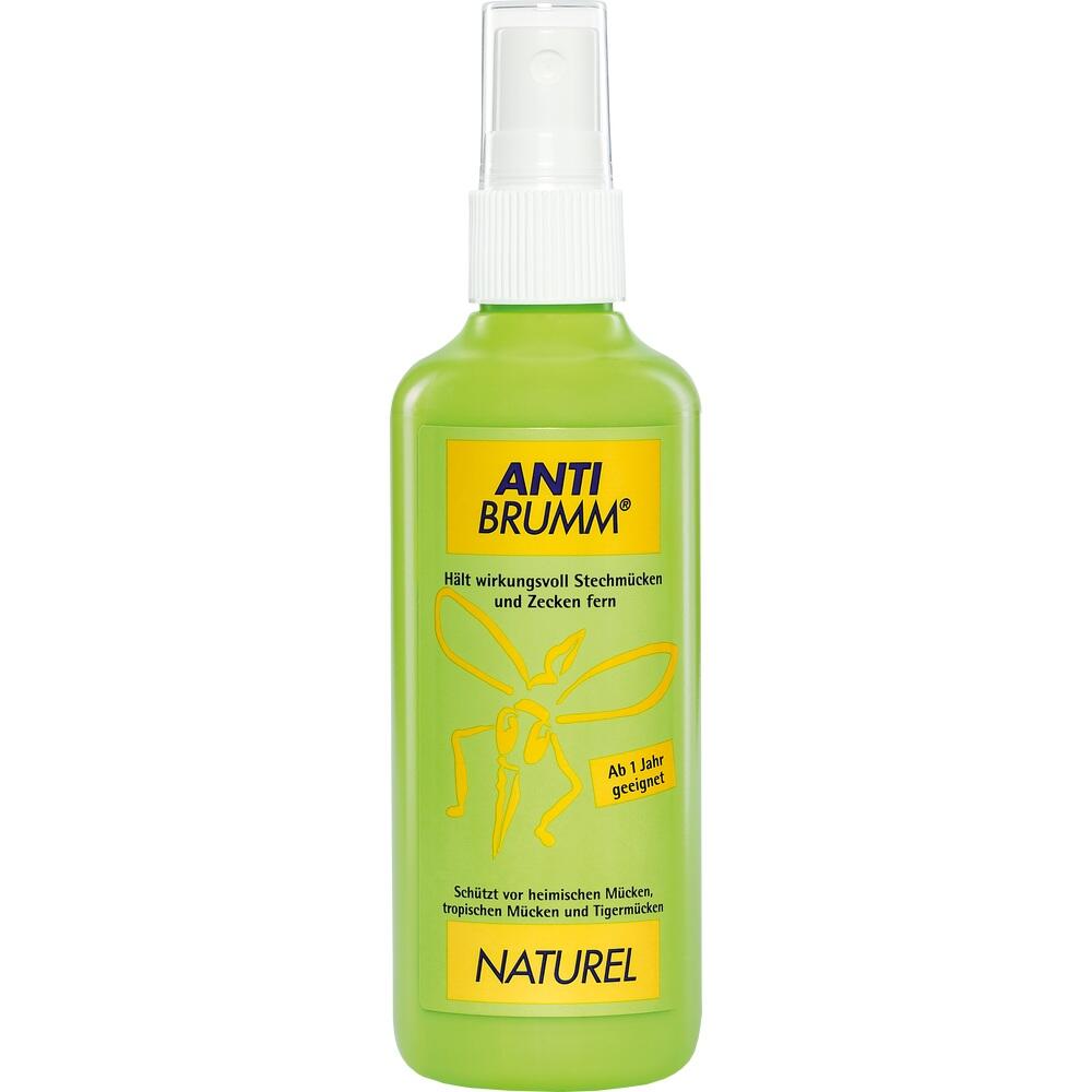 Gr&uuml;ne Flasche Anti-M&uuml;ckenspray mit gelbem Etikett "Anti Brumm Naturel".