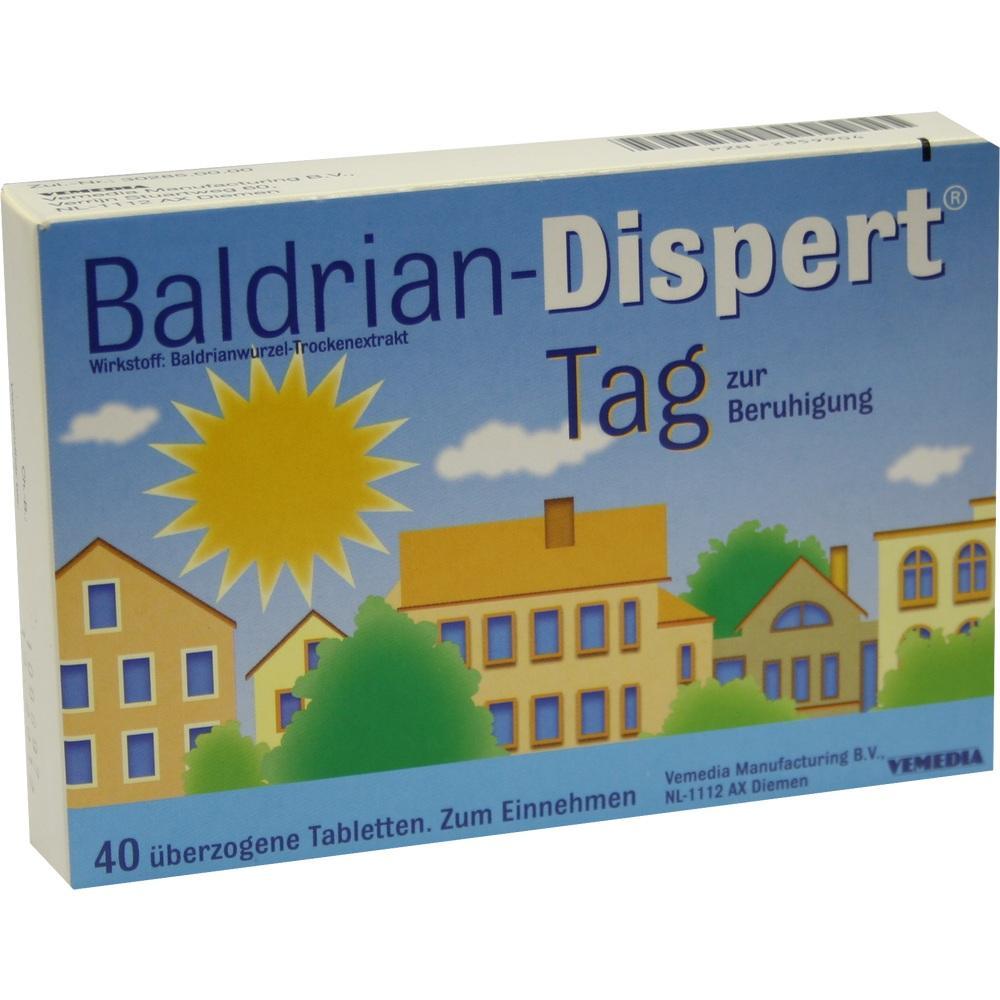 Eine Packung Baldrian-Dispert Tabletten zur Beruhigung am Tag.