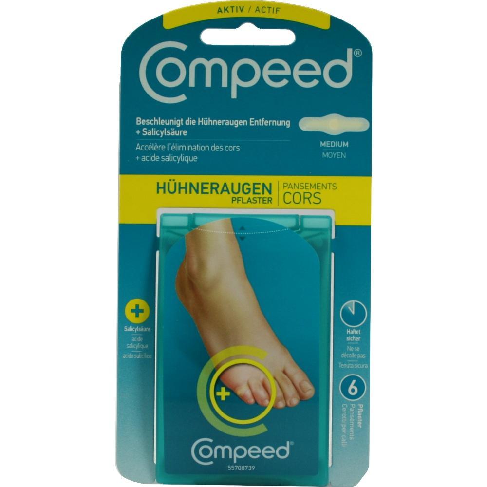 Verpackung f&uuml;r Compeed-Pflaster zur Entfernung von H&uuml;hneraugen am Fu&szlig;.