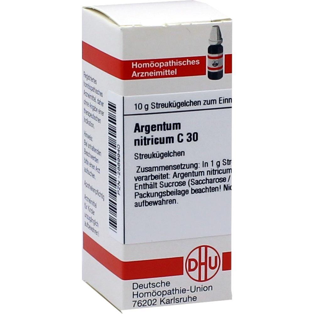 Eine Packung mit hom&ouml;opathischen Globuli namens "Argentum nitricum C 30".