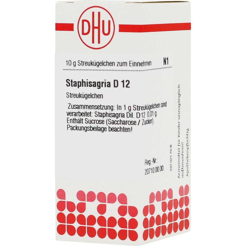 Eine Packung hom&ouml;opathischer Streuk&uuml;gelchen namens Staphisagria D12.