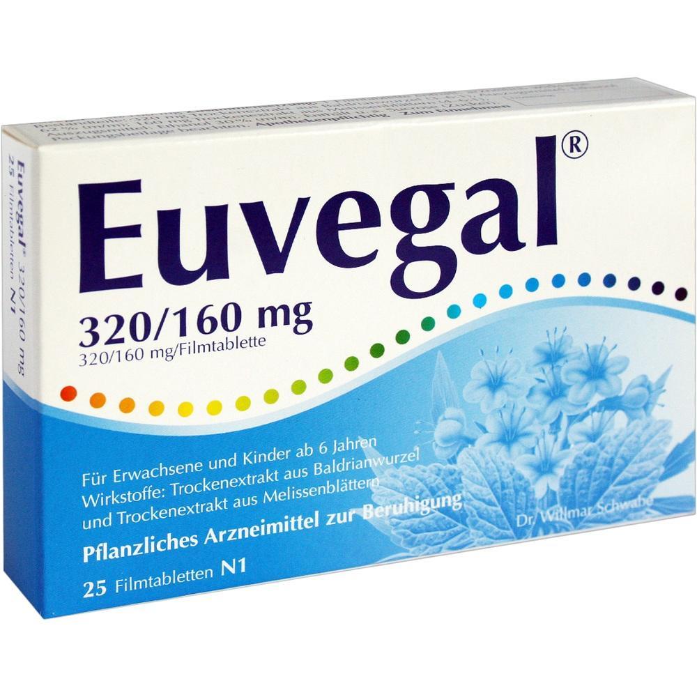 Verpackung von Euvegal-Tabletten zur Beruhigung mit Pflanzenextrakten.