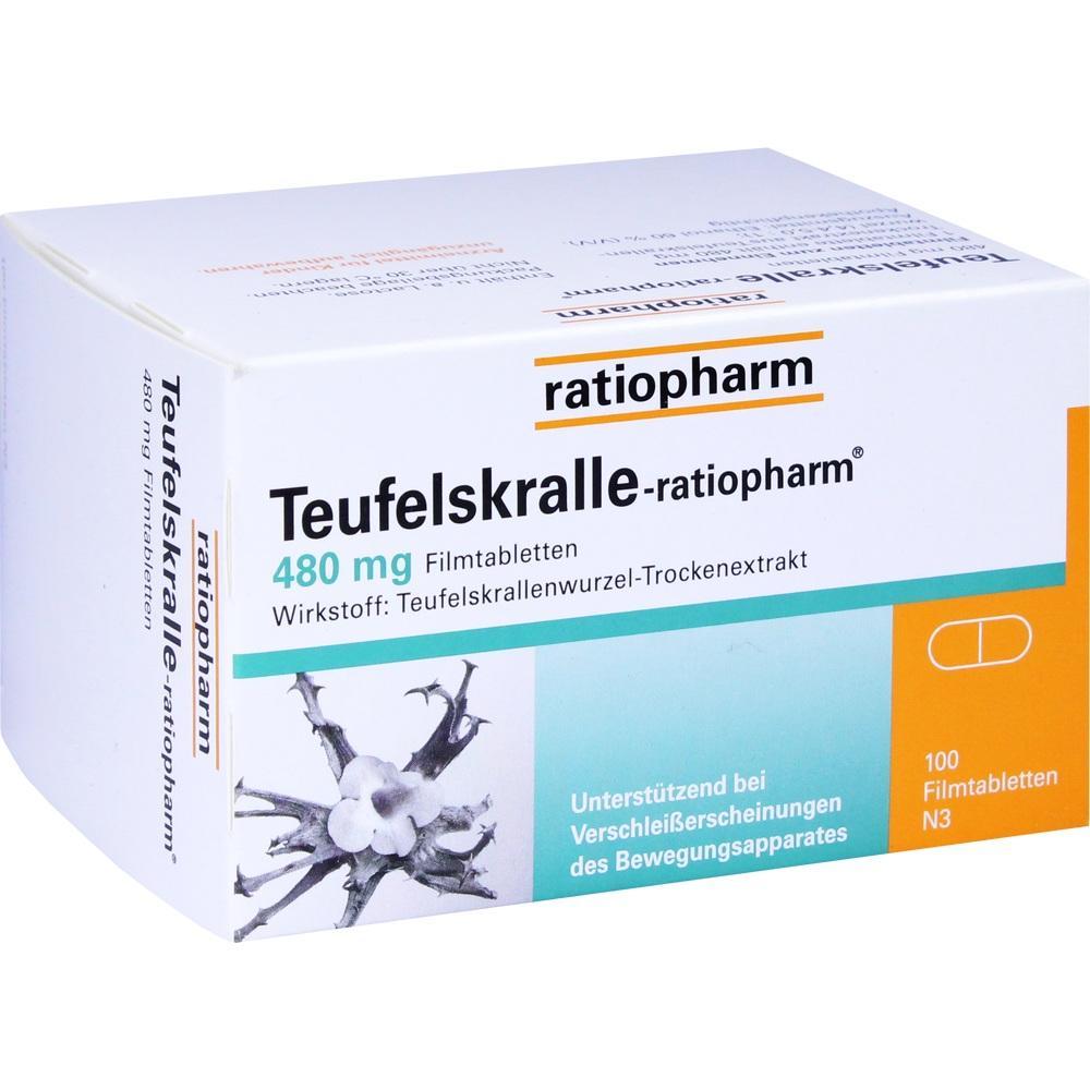 Wei&szlig;e Medikamentenschachtel von Ratiopharm mit Teufelskralle-Tabletten, 480 mg.