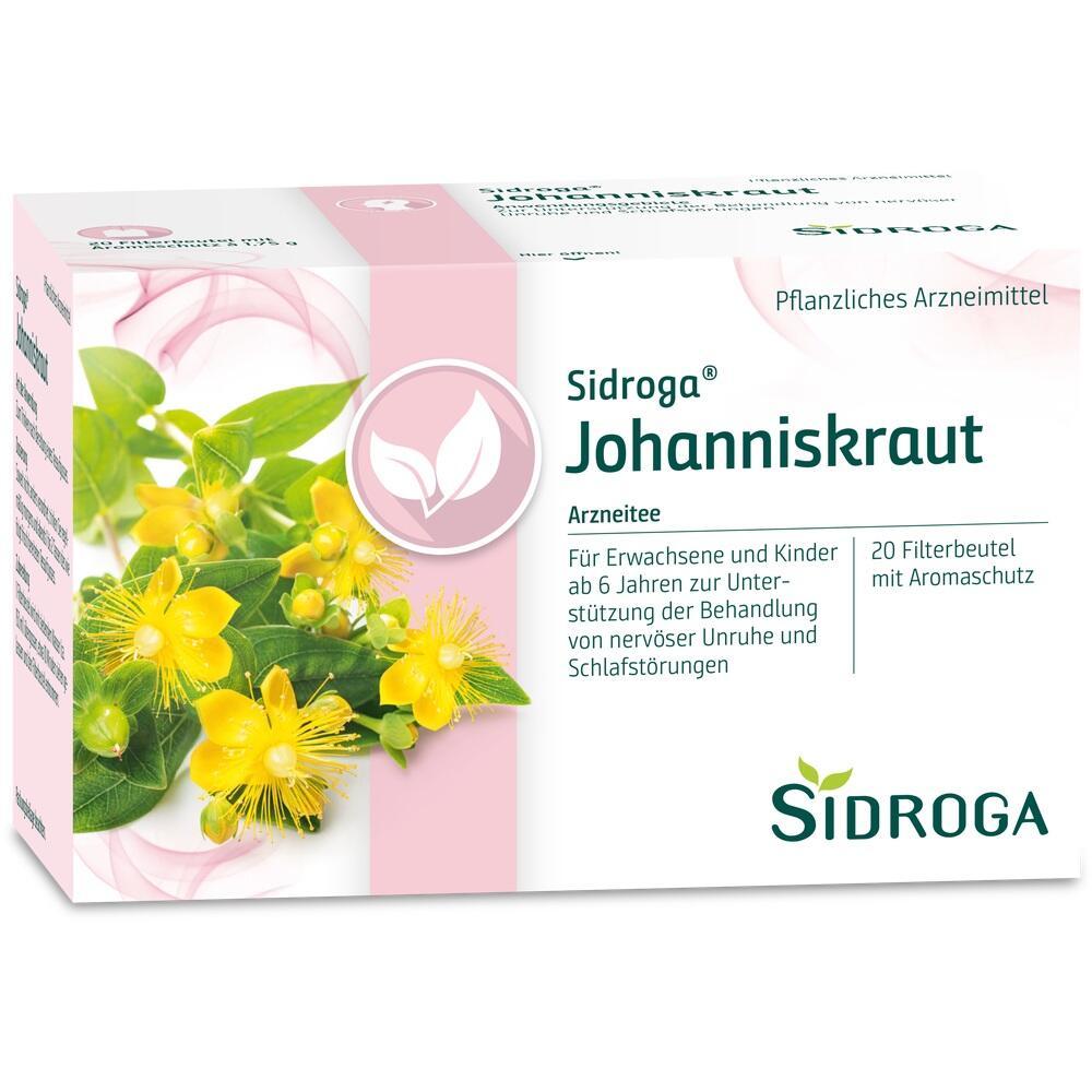 Packung mit Sidroga Johanniskrauttee f&uuml;r Erwachsene und Kinder gegen Unruhe und Schlafst&ouml;rungen.