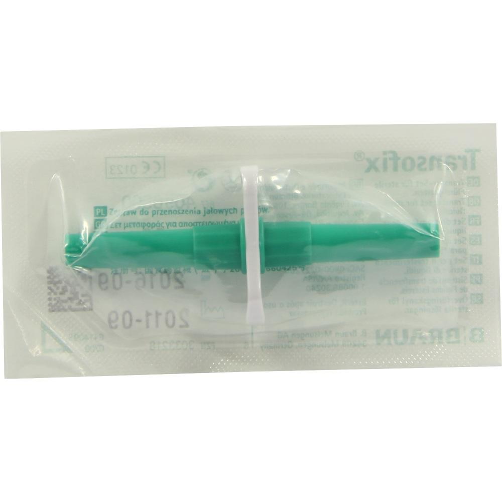 Ein gr&uuml;ner Kan&uuml;lenadapter in steriler Verpackung.