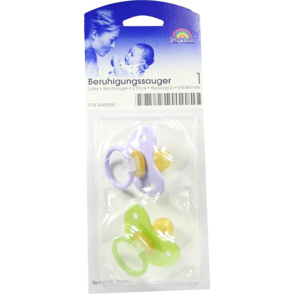 Zwei Beruhigungssauger in Lila und Gr&uuml;n sind in einer Plastikverpackung.