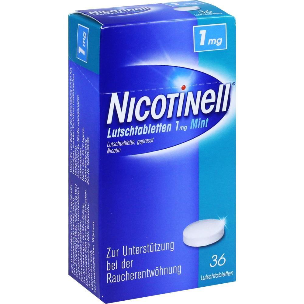Blaue Schachtel mit Nikotintabletten, 1 mg, zur Raucherentwöhnung, 36 Stück.