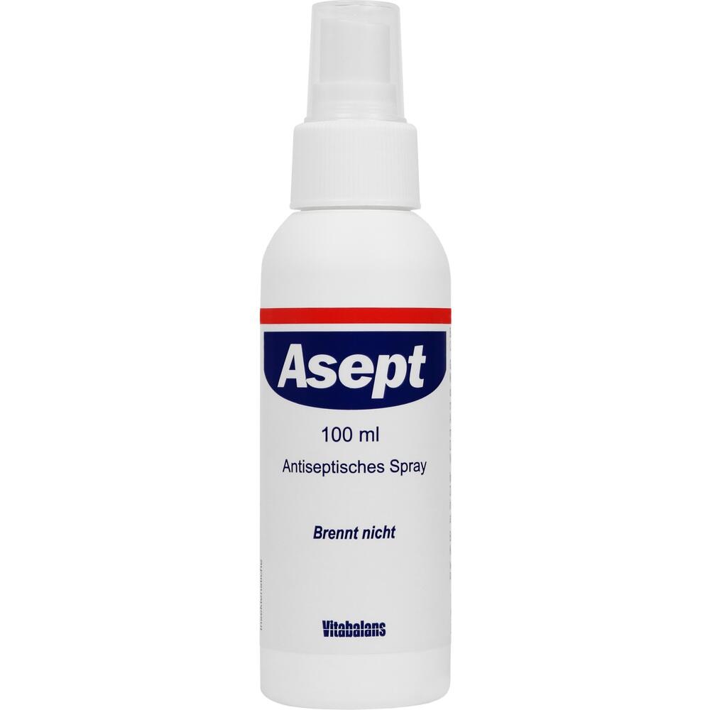 Wei&szlig;e Spr&uuml;hflasche mit der Aufschrift "Asept" und "Antiseptisches Spray".