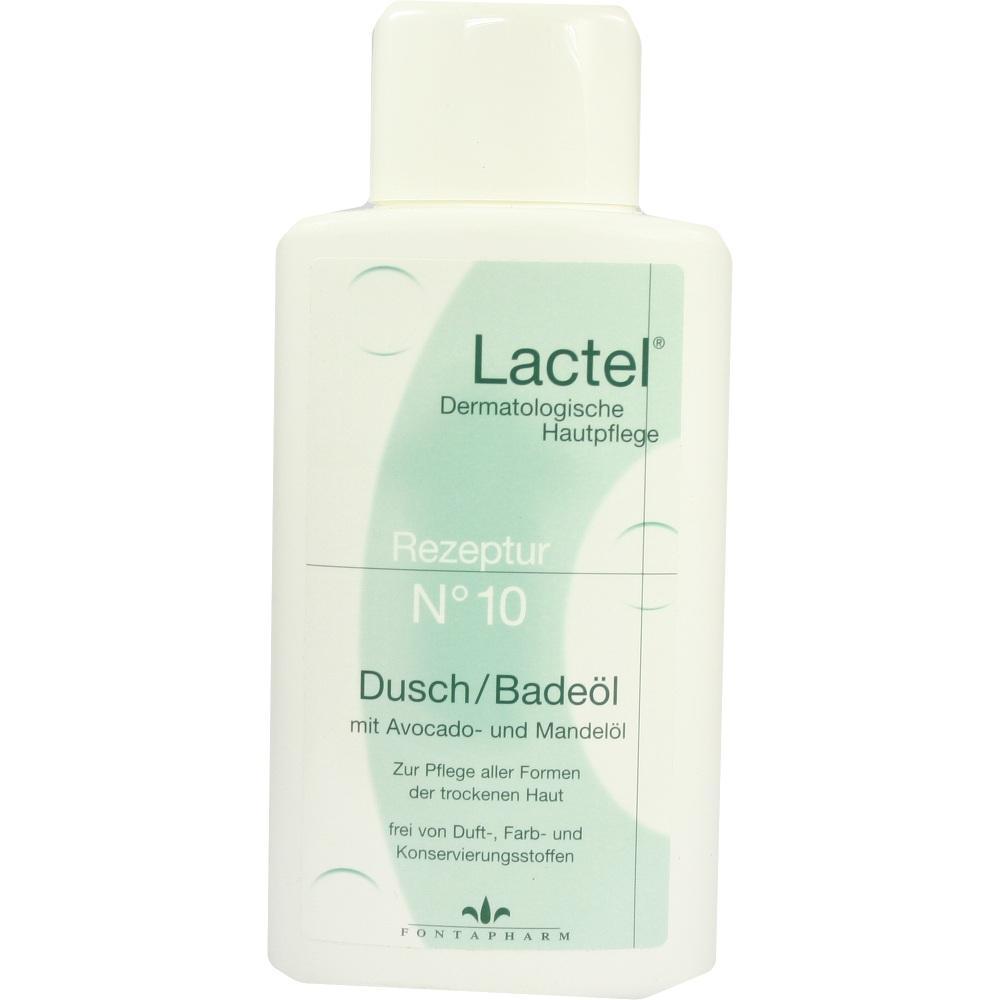 Wei&szlig;e Flasche mit der Aufschrift "Lactel Dusch-/Bade&ouml;l mit Avocado- und Mandel&ouml;l".