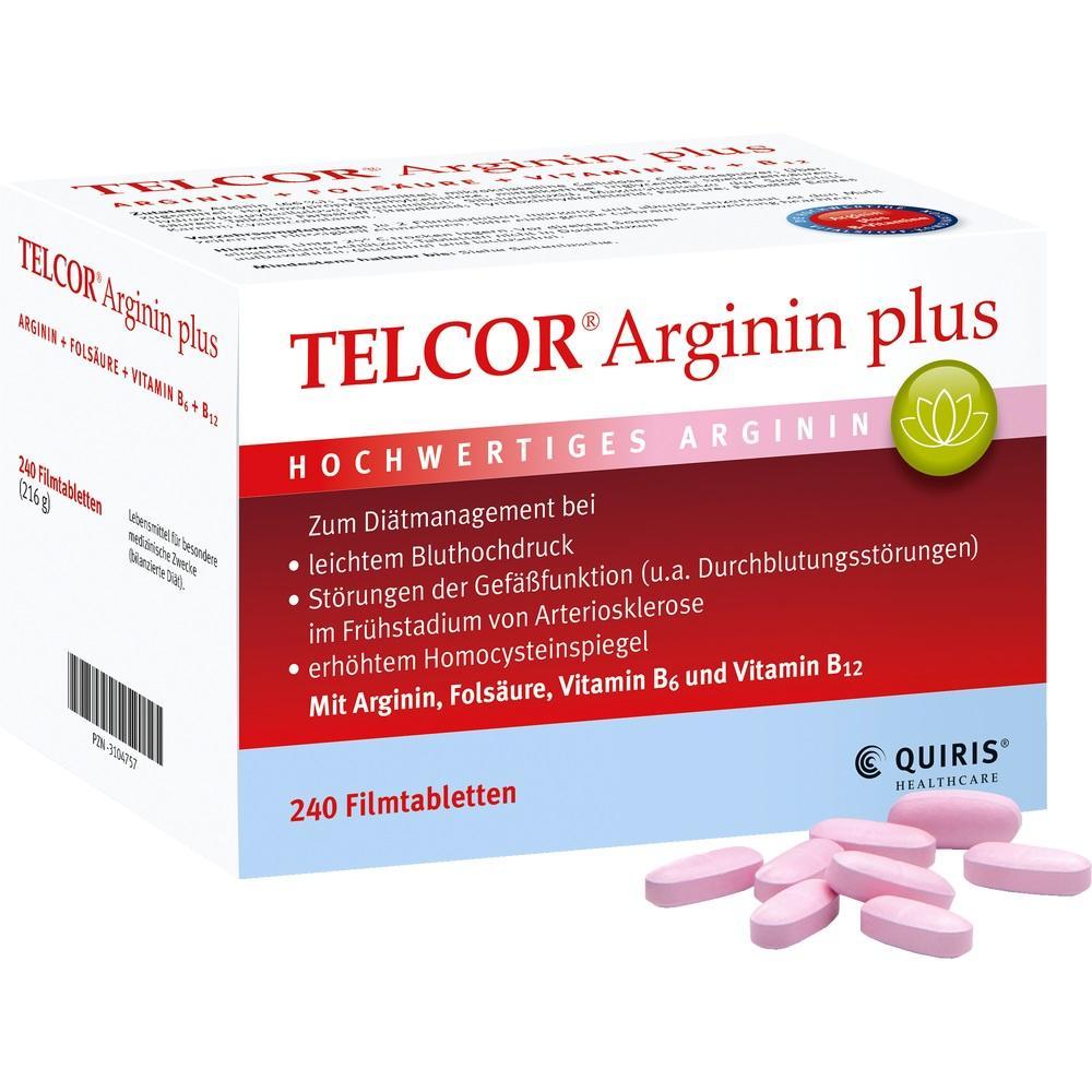Wei&szlig;e Verpackung von TELCOR Arginin plus mit rosa Tabletten davor.