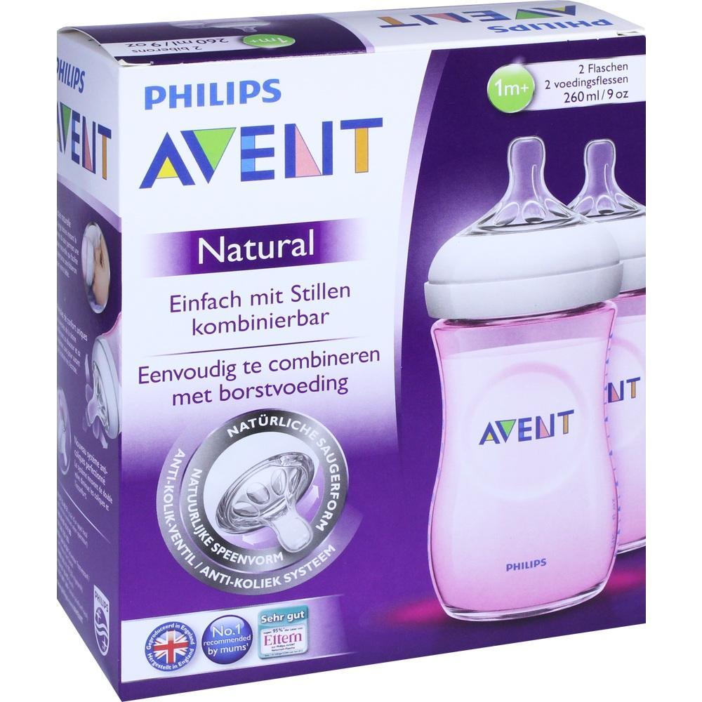 Verpackung von Philips Avent Babyflaschen, geeignet ab einem Monat.