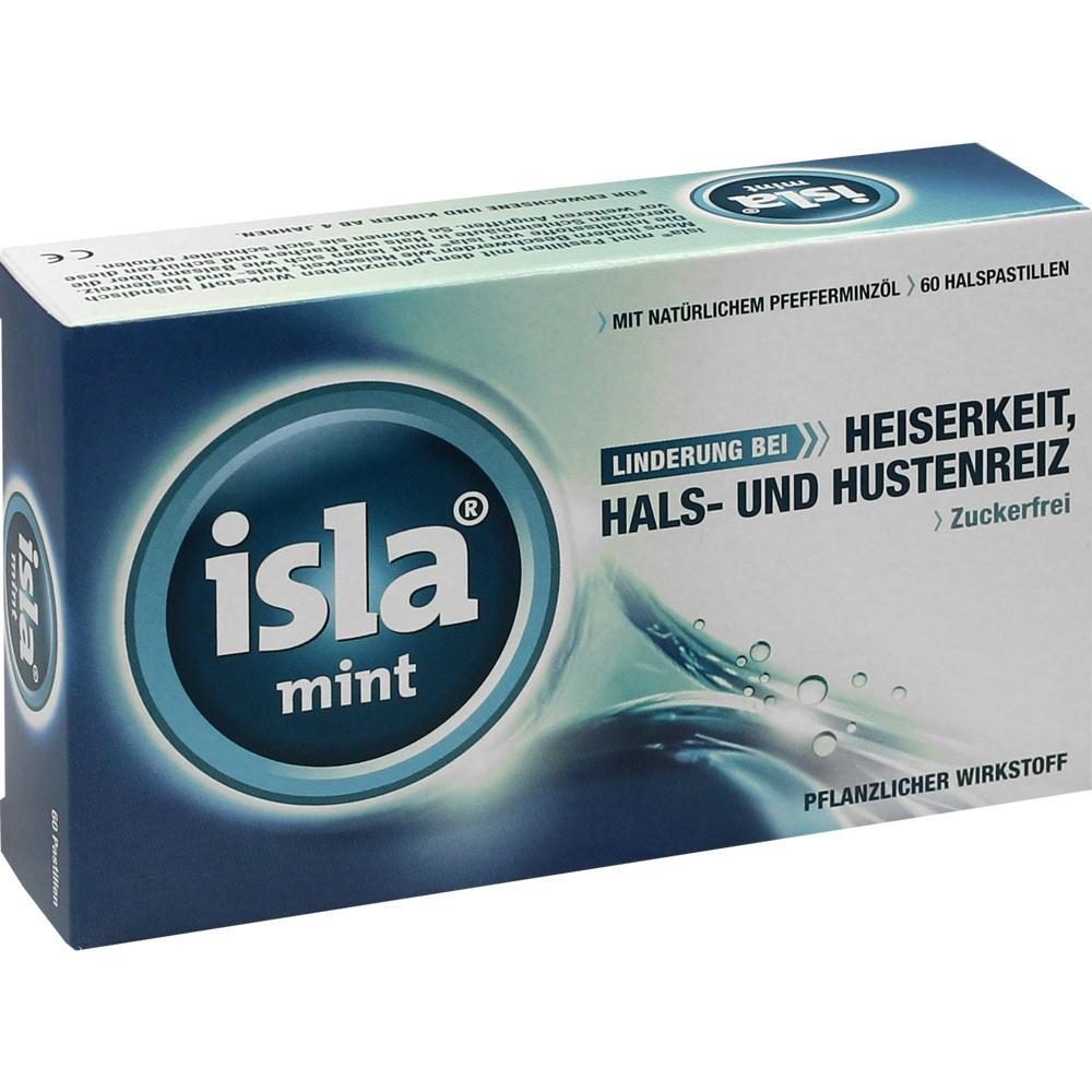 Eine Packung Isla Mint Lutschtabletten gegen Heiserkeit und Hustenreiz.