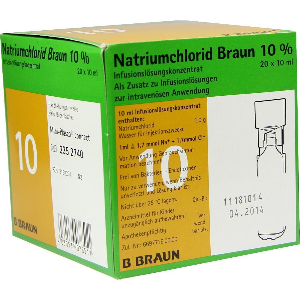 Grüne und gelbe Verpackung von Natriumchlorid-Lösung 10% zum medizinischen Gebrauch.