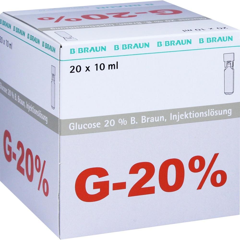 Eine weiße Verpackung mit rotem Text "G-20%" für Glukose-Injektionslösung.