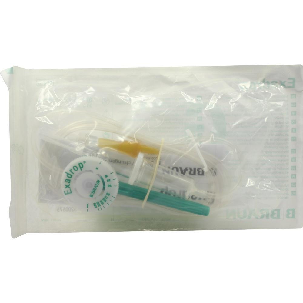 Eine verschlossene medizinische Infusionsverpackung mit Tube und Zubehör.