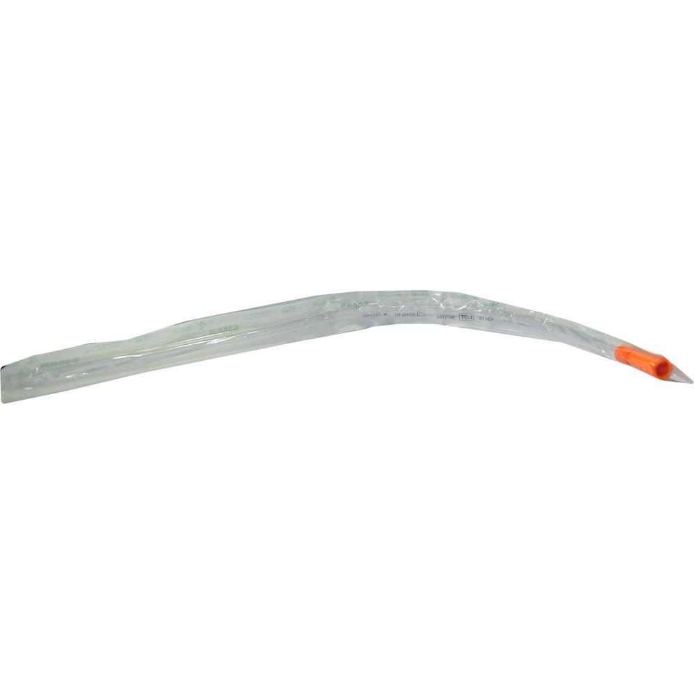 Ein langer, transparenter Schlauch mit orangefarbener Spitze.