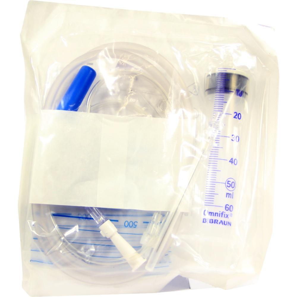 Ein Set aus einer Spritze und Schl&auml;uchen in einer durchsichtigen Verpackung.