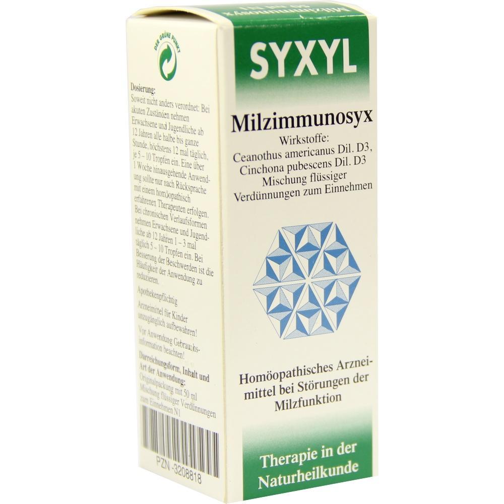 Verpackung eines hom&ouml;opathischen Mittels mit dem Namen "Milzimmunosyx".