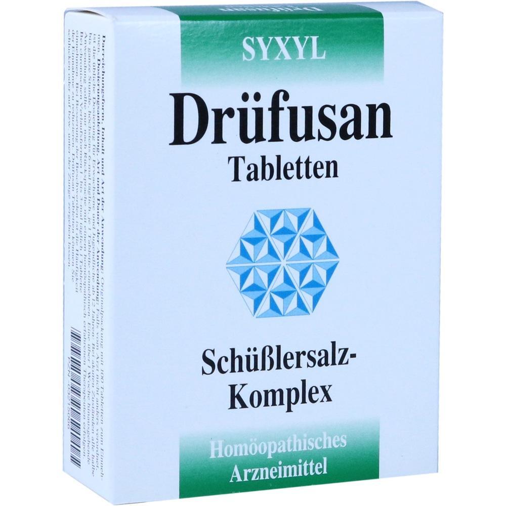 Die Verpackung zeigt Dr&uuml;fusan Tabletten aus Sch&uuml;&szlig;lersalzen, ein hom&ouml;opathisches Mittel.